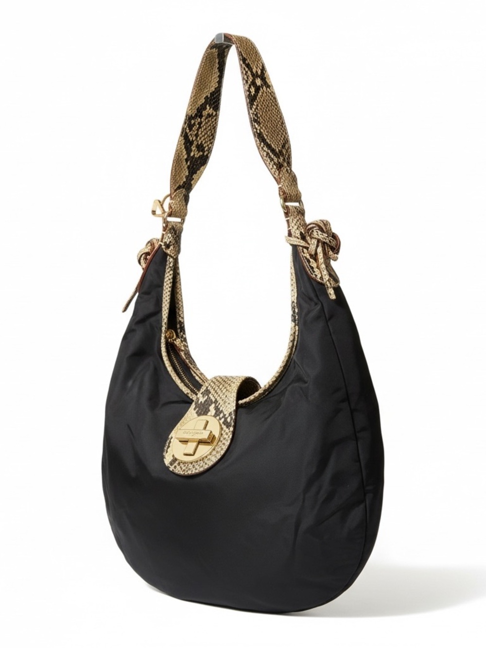 Kate Spade Nylon Black Hobo Shoulder Bag with Gold Snake-Print Trim